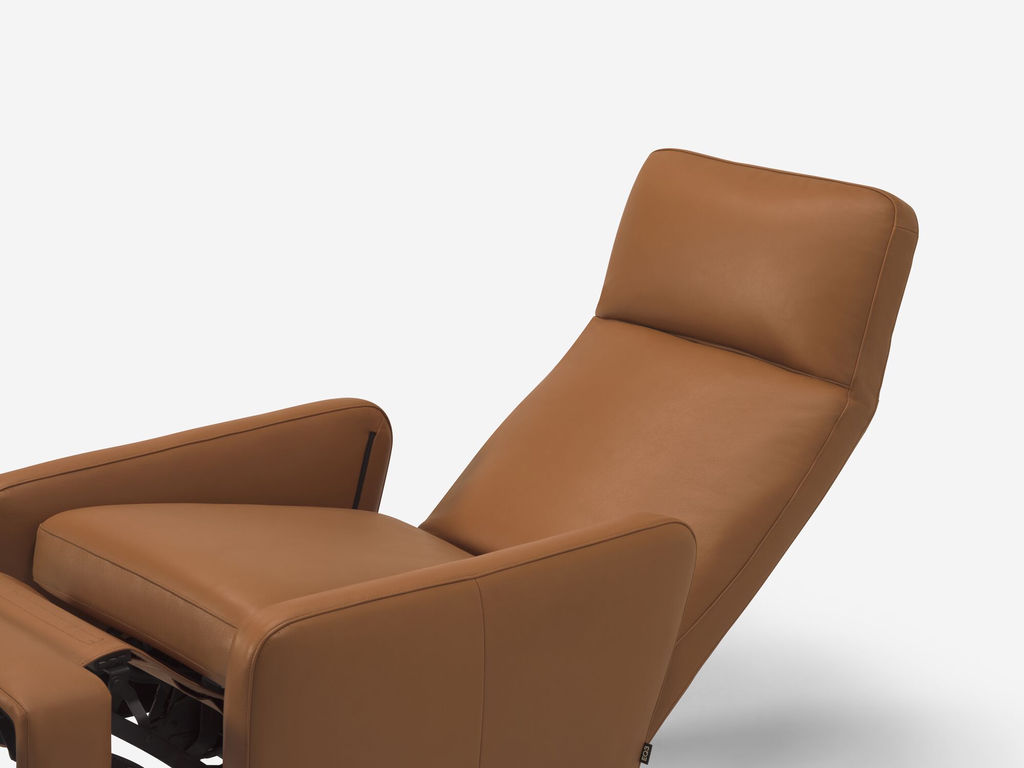 Brown leather reclining chair with foot rest reclined front angle detail view